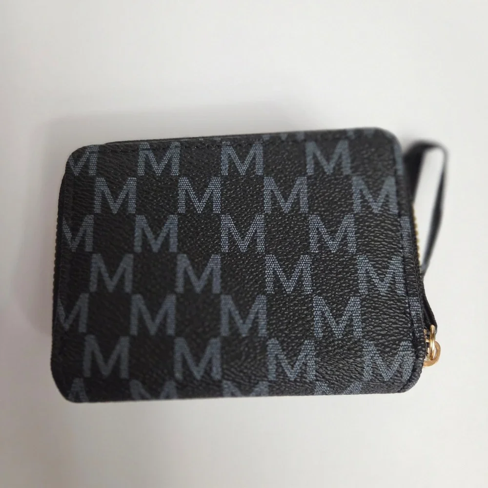 Black Monogram Bifold Wristlet Wallet Gold M Logo Medallion Pink Interior